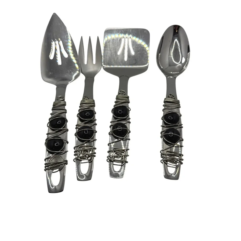 Oneida Stainless Serving Set 4pc Wire Wrapped Black Bead‎ Artisan Buffet Servers
